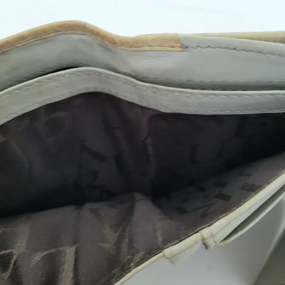 Furla Italian Trifold Wallet Medium Ostrich Leather Gray Designer Compact Logo